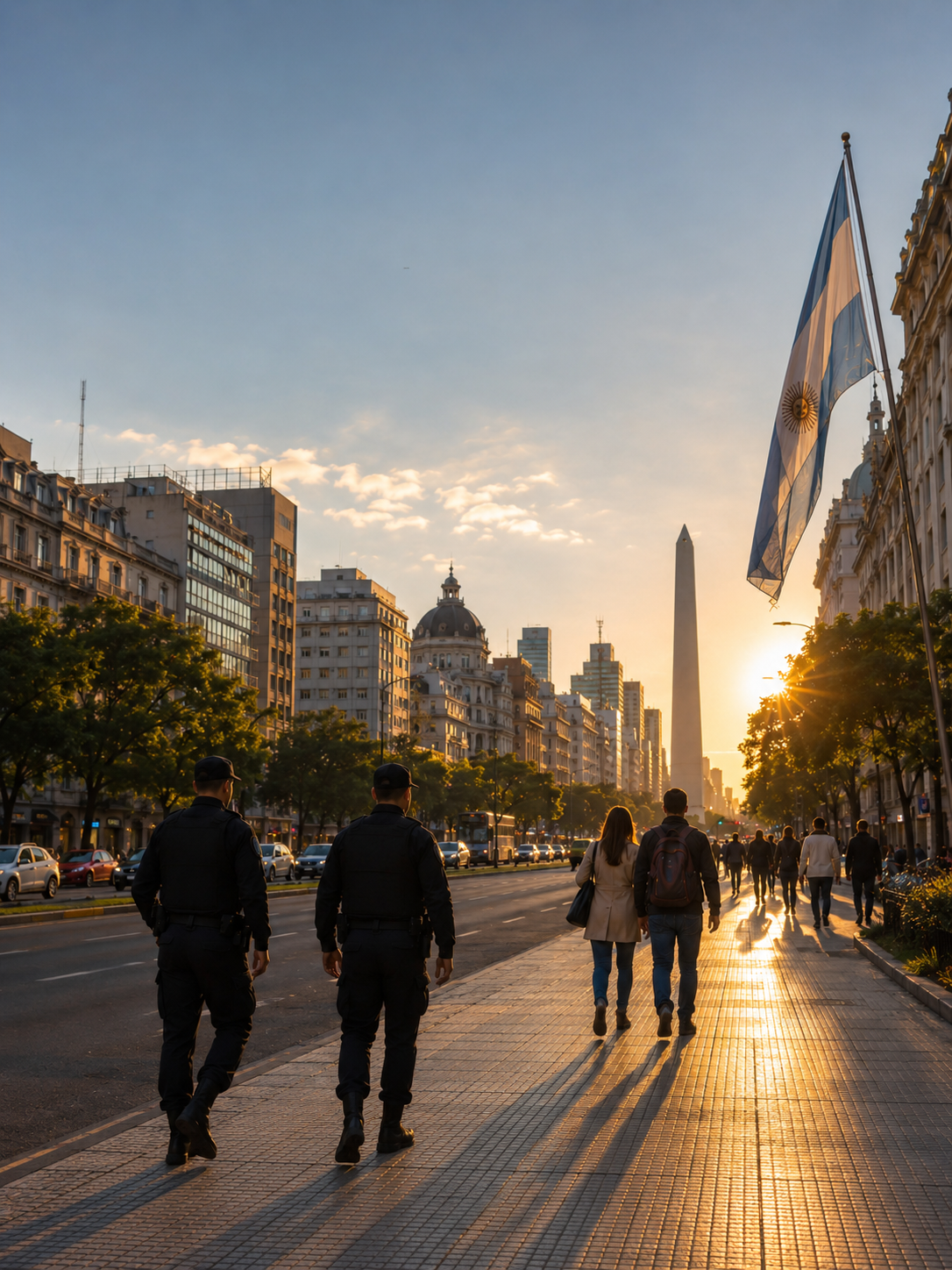 Gráfico y patrullero policial muestran la caída del 15,6% de homicidios en Argentina y el refuerzo del orden y la seguridad