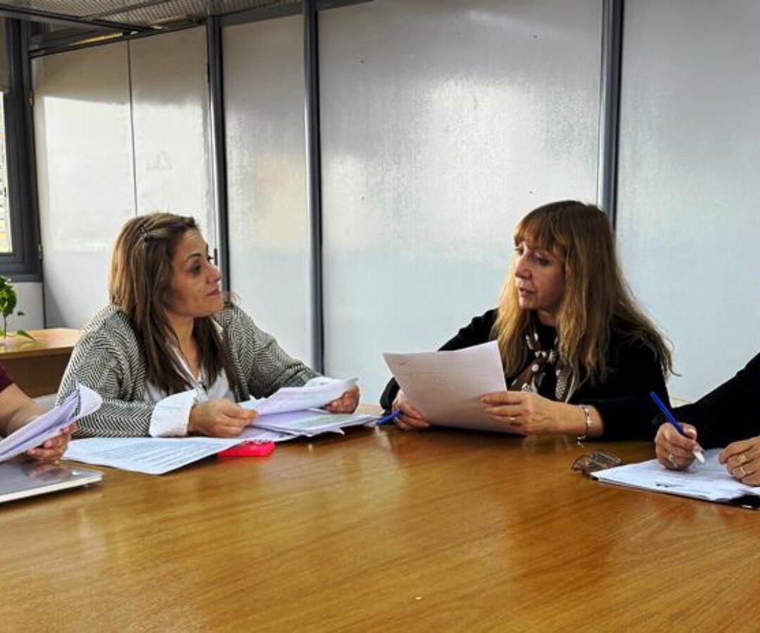 Cuatro diputadas reunidas alrededor de una mesa larga, con documentos y carpetas, en una sala de la Cámara