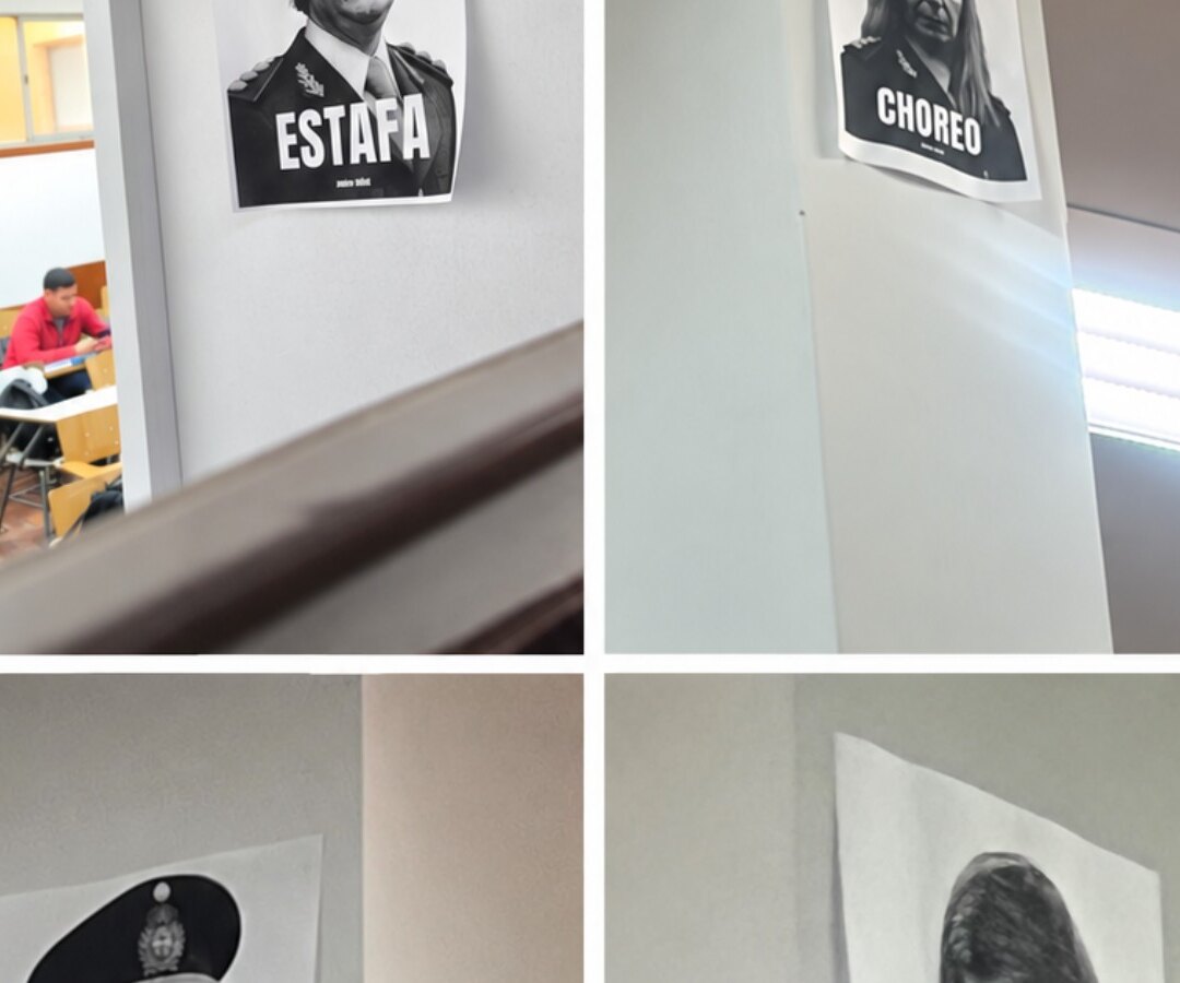 Carteles con consignas políticas colocados en un aula de la UNLPam