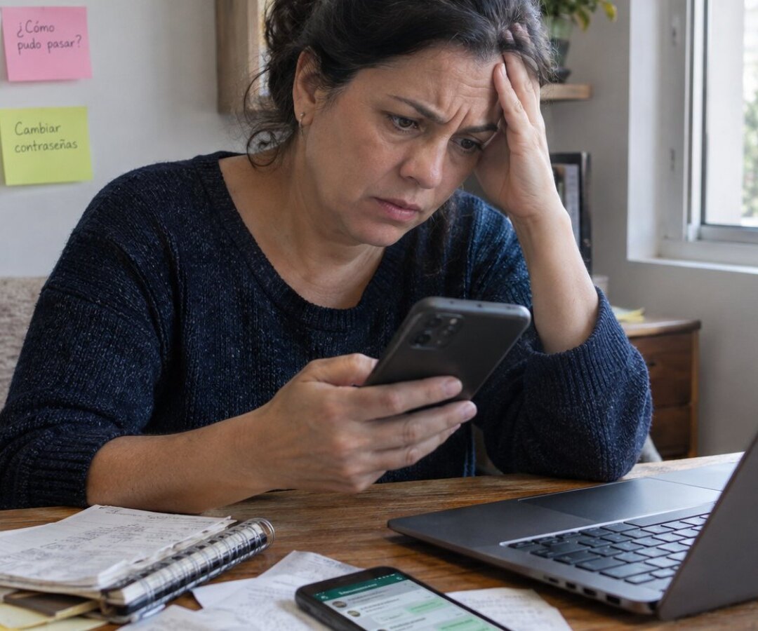 Mujer preocupada mira su celular frente a una computadora, con papeles y notas sobre revisar la cuenta bancaria