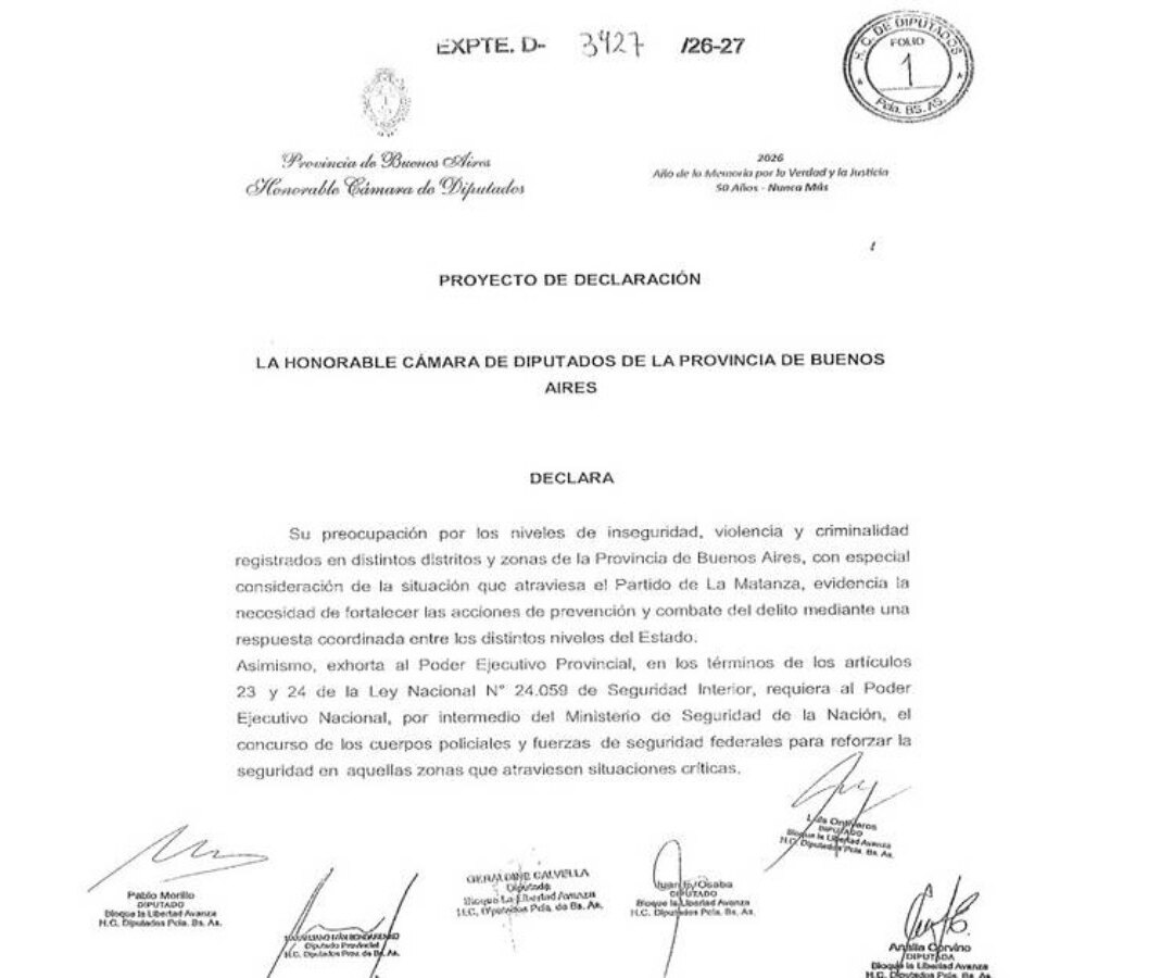 Proyecto de declaración de la Cámara de Diputados bonaerense sobre inseguridad, con firmas de legisladores al pie
