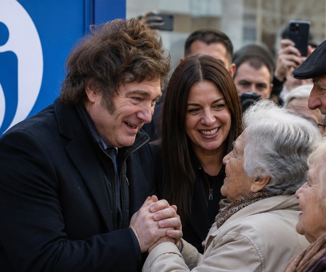 Javier Milei saluda a una mujer mayor rodeado de otras personas junto a un cartel de ANSES.