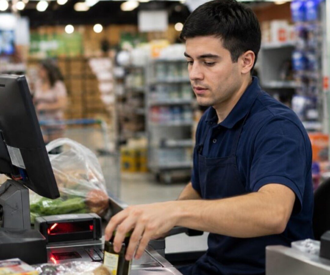 Empleada de comercio atendiendo la caja de un local en el centro de Santa Rosa, La Pampa