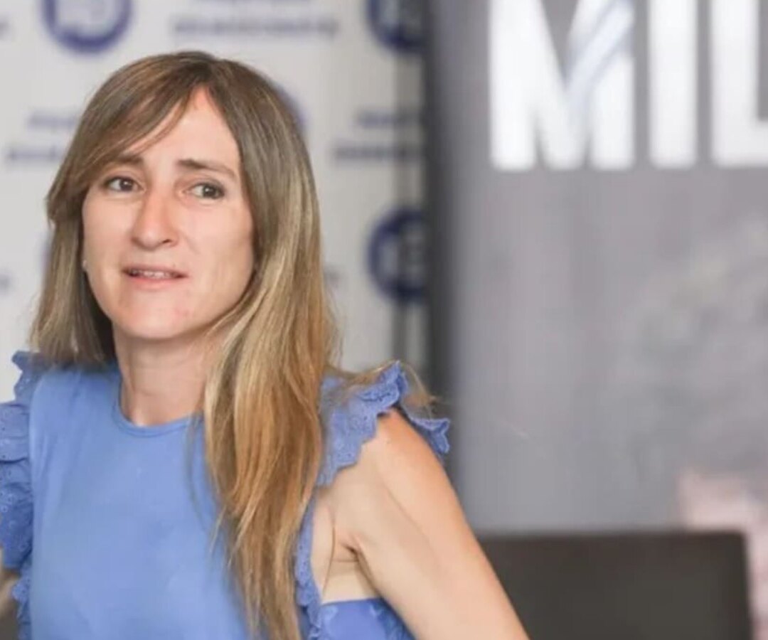 Mujer de blusa celeste ante un panel del Partido Demócrata y un afiche con el apellido Milei de fondo